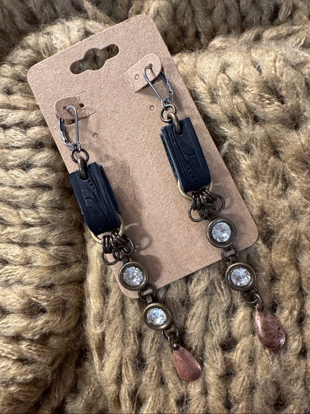 Handmade Black Leather Drop Earrings with Clear Crystal and Copper Accents